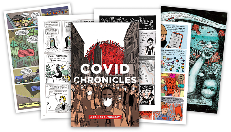 montage of COVID Chronicles cover with sample interior pages