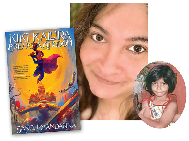 Kiki Killara Breaks a Kingdom cover, Sangu Mandanna portrait, and childhood snapshot