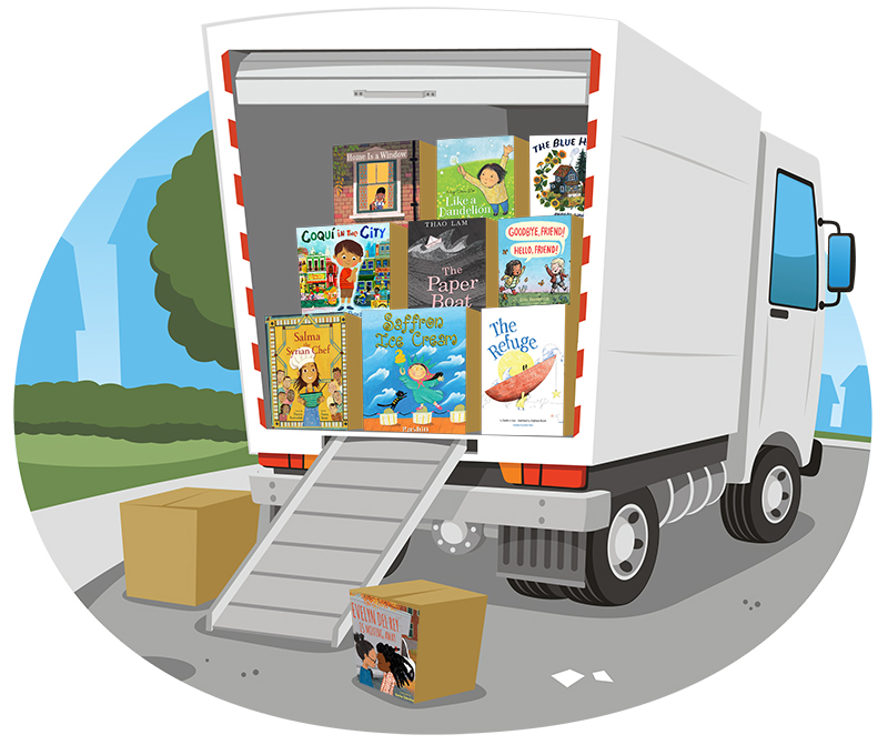 moving truck cartoon, with the 10 books as boxes on the truck.