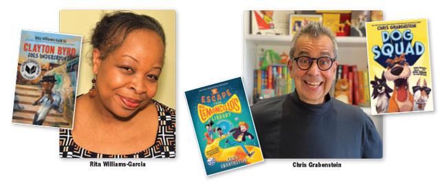 From the left: Rita-Williams-Garcia with book covers; Chris Grabenstein with book covers