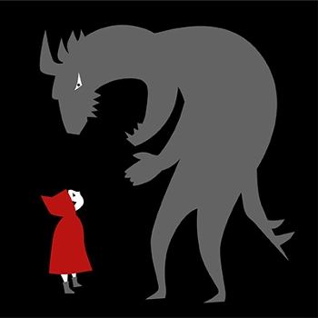 drawing of red riding hood and a large cartoonish monster