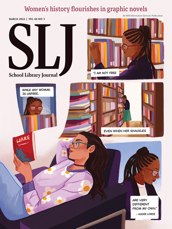 SLJ March 2022 cover, illustration by Carina Guevara