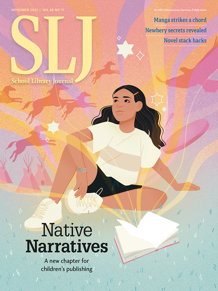 SLJ November 2022 cover; Native Narratives; Illustration by Kalila J. Fuller