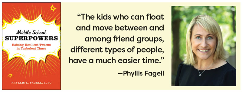 Headshot with books and quote: “The kids who can float and move between and among friend groups,  different types of people, have a much easier time.” —Phyllis Fagell