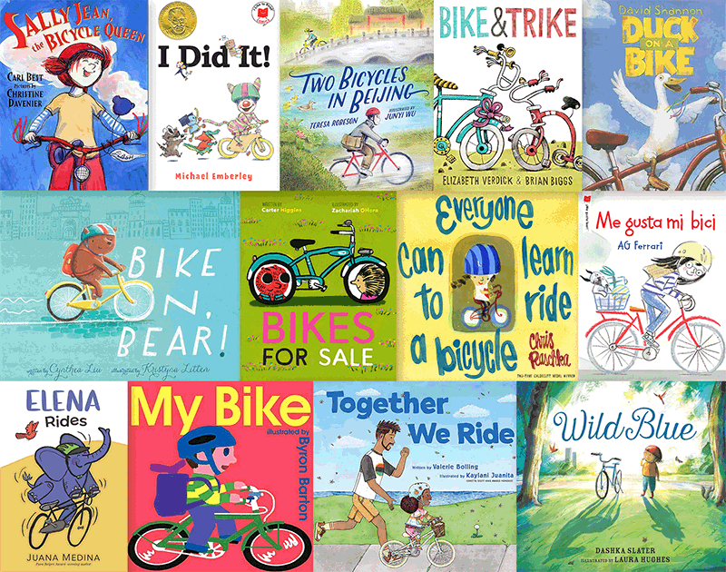 Animated gif of all of the covers with a child on a bicycle superimposed, speeding by.