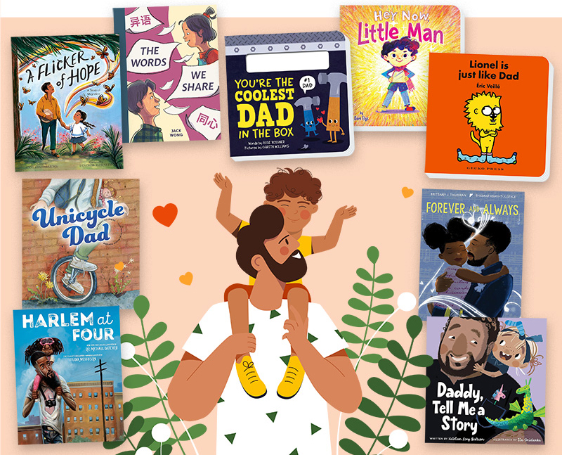 Illustration of a father and child, surrounded by the Father's Day book covers