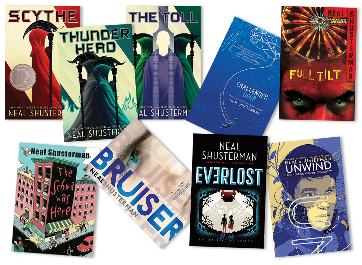 A collage of Neal Schusterman's book covers