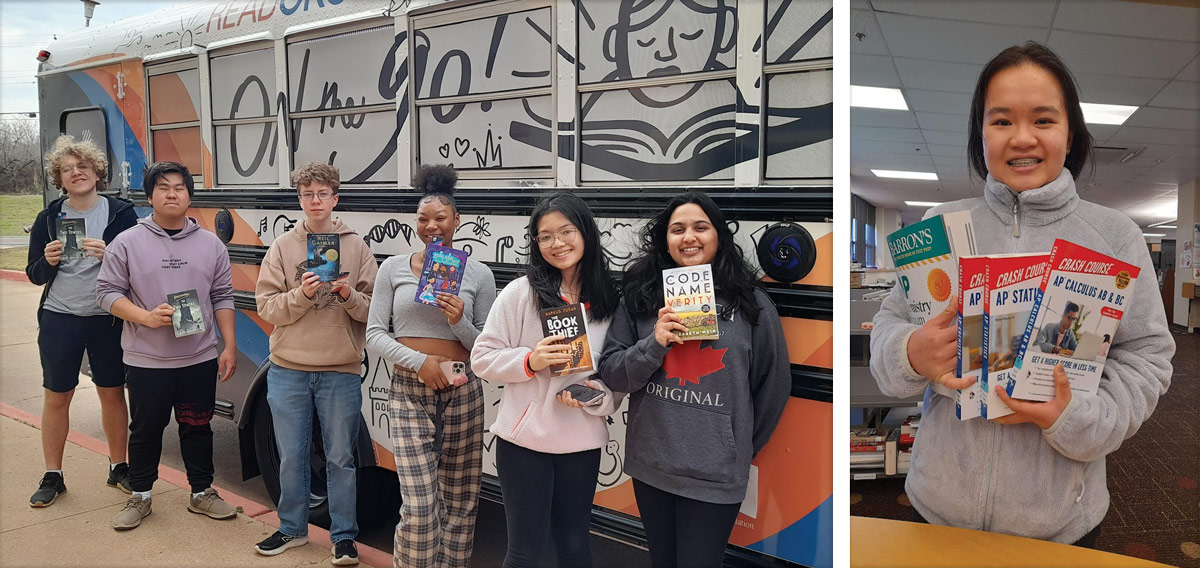 From left: An Oklahoma City nonprofit, ReadOKC, sponsors bus visits to public schools. Students get to pick out free books; A Classen School of Advanced Studies High School student with test prep materials from the library. Courtesy of Oklahoma City Public Schools