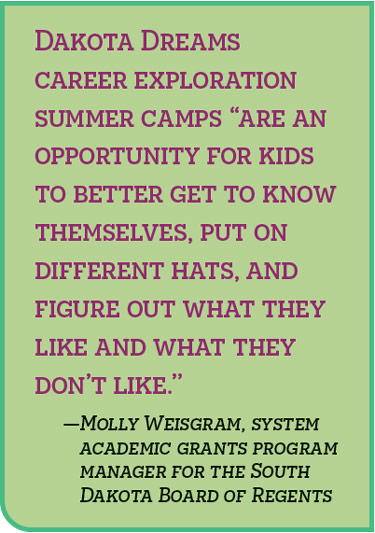 Dakota Dreams career exploration summer camps “are an opportunity for kids to better get to know  themselves, put on different hats, and figure out what they like and what they don’t like.” —Molly Weisgram, system academic grants program manager for the South Dakota Board of Regents