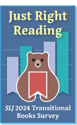 Article plate: Just Right Reading. SLJ 2024 Transitional Books Survey. Illustration: icon of a bear with bookmark