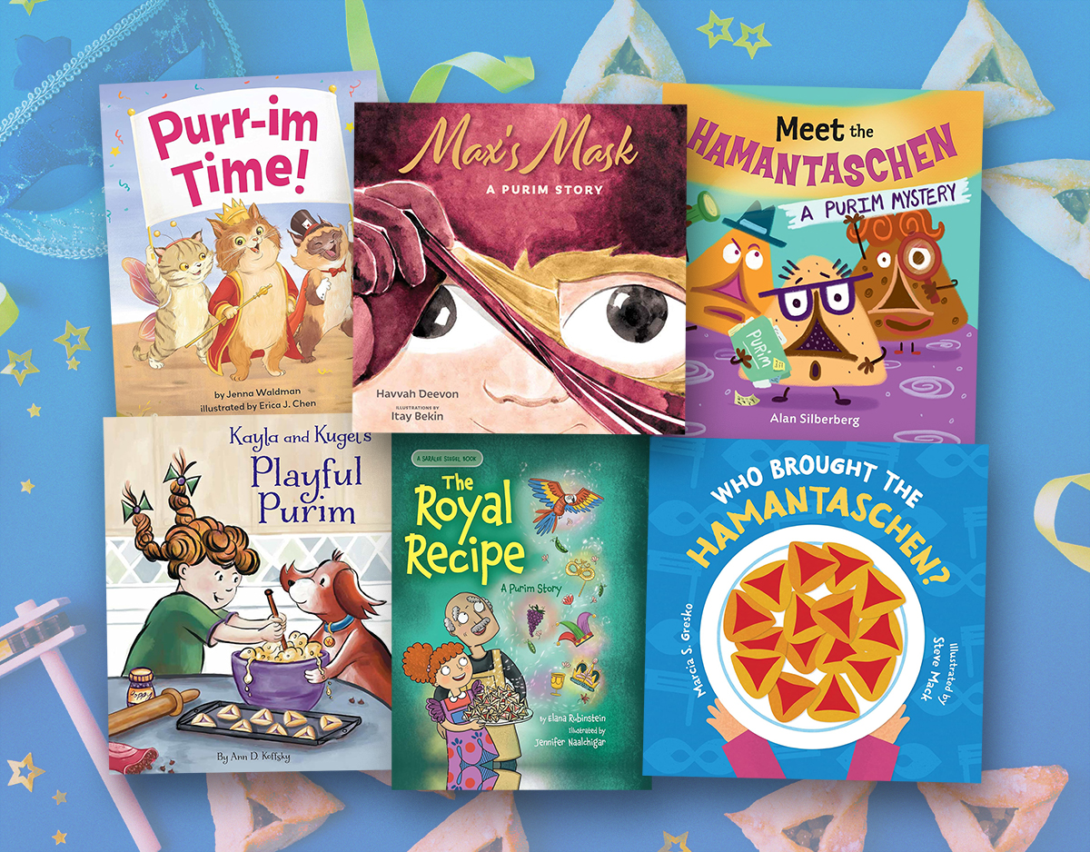 Purim book covers positioned on top of a festive Purim-themed background photo