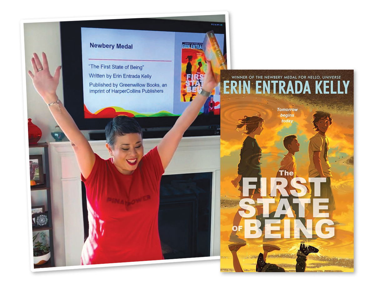 Photo of Erin Entrada Kelly-Newbery Winner with Book cover, The First State of Being