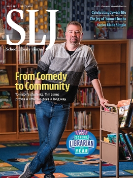 SLJ April print issue cover with Tim Jones, 2025 School Librarian of the Year.