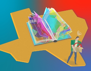 Graphic of state of Texas (map outline) with colorful open book. A dejected person walking off with a cardboard box (as if fired) with censorship symbol inside of it.