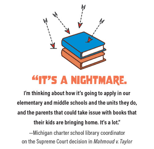 Quote: “It’s a nightmare.  I’m thinking about how it’s going to apply in our  elementary and middle schools and the units they do,  and the parents that could take issue with books that  their kids are bringing home. It’s a lot.” —Michigan charter school library coordinator  on the Supreme Court decision in Mahmoud v. Taylor