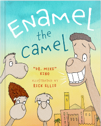 A cartoonish smiling camel proudly shows his protruding teeth. The other camels look on skeptically.