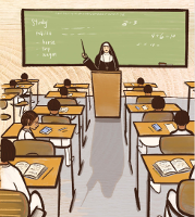 nun in front of blackboard, two rows of children at desks. The mood is somber